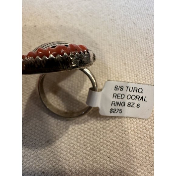 Lyolito Tsette ZUNI Native Sterling Silver CARVED TURQUOISE & CORAL Ring Size 6 - Picture 6 of 12